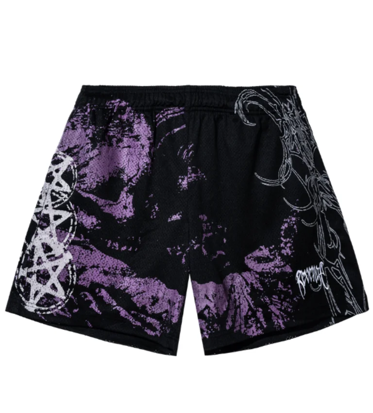 REVENGE ABANDONED MESH SHORTS BLACK/PURPLE REVENGE ABANDONED MESH SHORTS BLACK/PURPLE